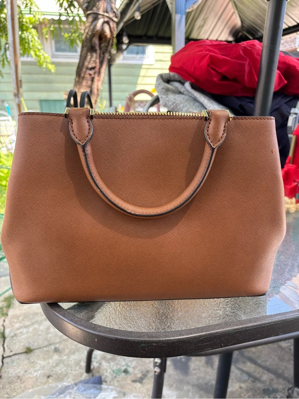Michael Kors Tan Leather Satchel with Gold MK Logo